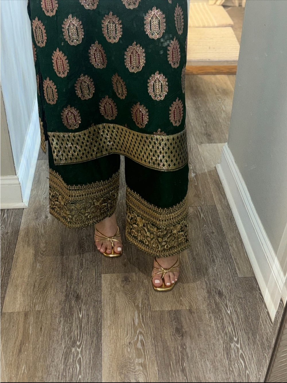 Embroidered Dark Green Wide-Leg Pants with Gold Detail Pakistani